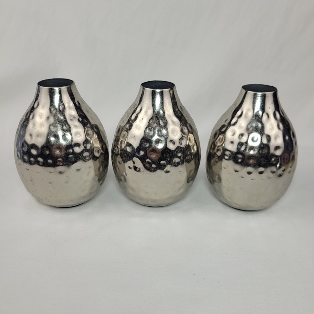 Hammered Silver Metal Bud Vases Set of 3 Small Decorative Modern Dimpled Tapered